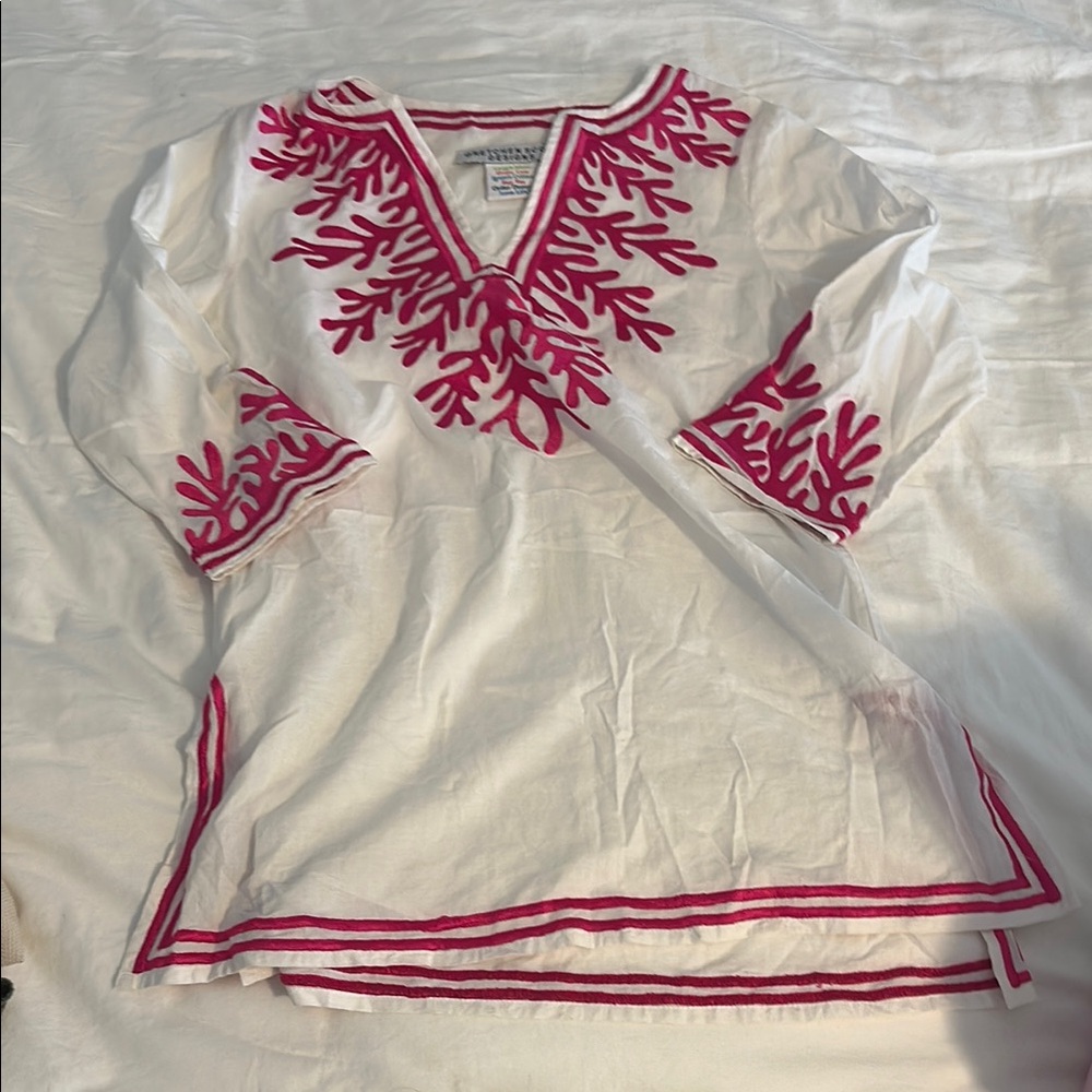 Gretchen Scott Designs White Tunic with Pink Embroidery